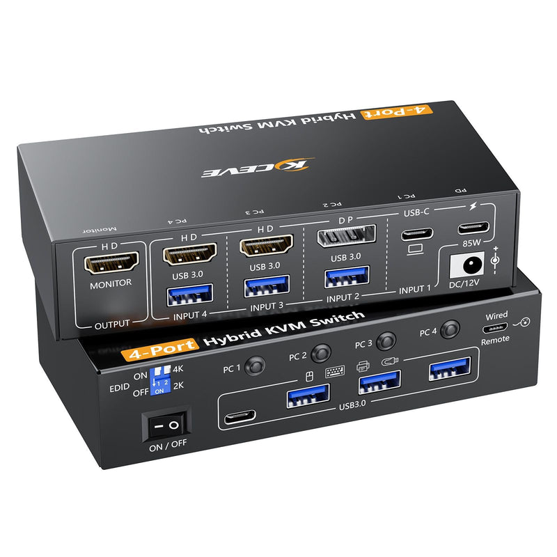 4 Ports Hybrid KVM Switch(USBC+DP+2HDMI Input),USB C HDMI DP 4 Computer 1 Monitors KVM Switch Allow 4 PC Share 1 Monitors and 4 USB Devices Such as Keyboard Mouse Printer 4K 4 PC 1 monitor USBC+HDMI+DP
