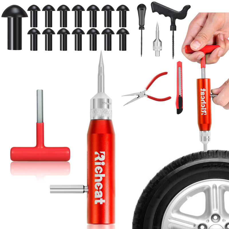 Richcat Tubeless Tire Puncture Repair Kit with Mushroom Plug, Repairs punctures and Flat Tires for Motorcycles, Cars, Trucks, ATVs and Tractors 15Plugs Kit
