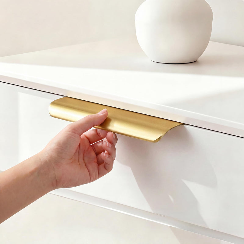 homdiy 10 Pack 5 inch Gold Cabinet Pulls Edge Finger Pulls for Cabinets Dresser Drawer Handles for Kitchen Cupboard Flat Hidden Handles Aluminum Alloy 5" Hole Center Matte Gold