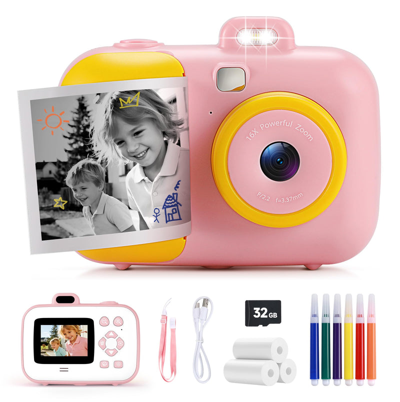 Instant Camera for Kids with Print Paper, 1080P HD Kids Camera Instant Print with 32GB SD Card, Girls Toys for Ages 5-7, Birthday Gifts for 5 6 7 8 9 Year Old Girls Pink