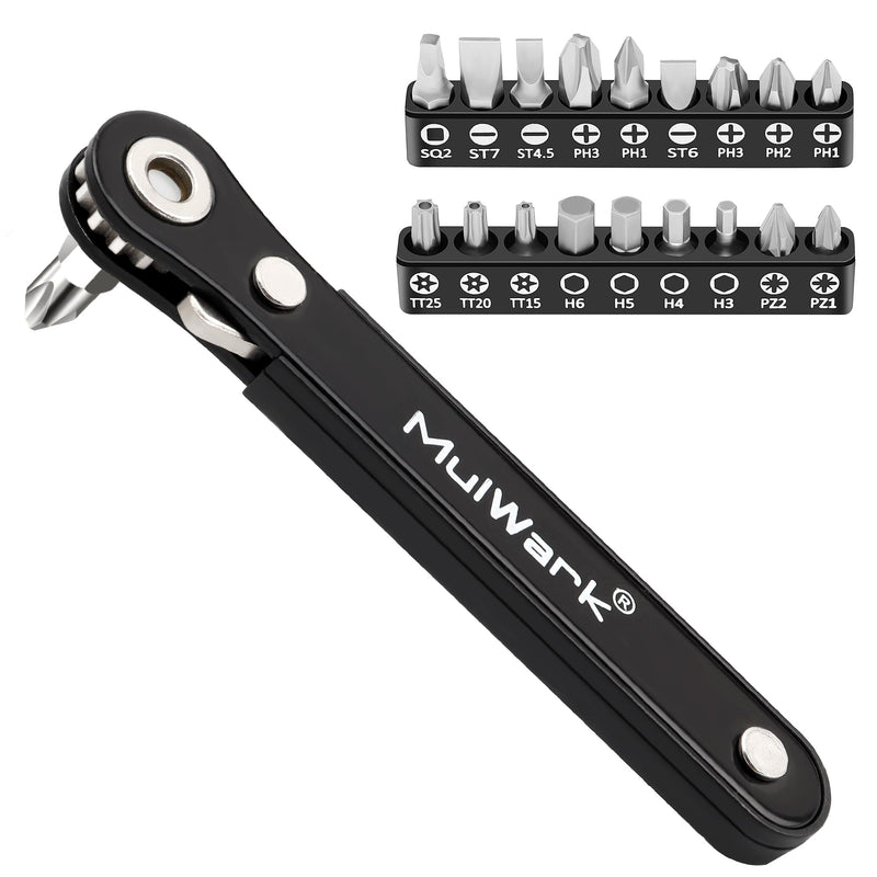 MULWARK 20-Piece Right Angle Screwdriver Set, 1/4" Mini Ratchet with High Torque - 90-Degree Offset Screwdriver for Tight Spaces, Auto Repair, Electronics, DIY Home Improvement EDC Tool Kit 20-piece screwdriver set