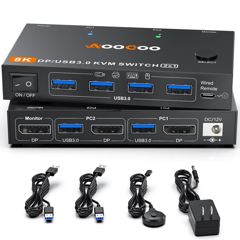 DP KVM Switch 1 Monitors 2 Computers, 8K@60Hz/4K@240Hz KVM Switch for 2 PC Sharing 1 Monitors, Keyboard, Mouse, with USB3.0 Cables, Wired Controller and Power Adapter 8K 2 PC 1 Monitor DP KVM