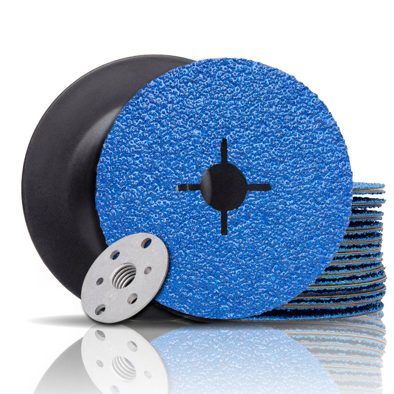 Zirconia Resin Fiber Sanding and Grinding Discs for Angle Grinder, 5” x 7/8”, 60 Grit, 25-Pack + Backing Pad + Lock Nut 60.0