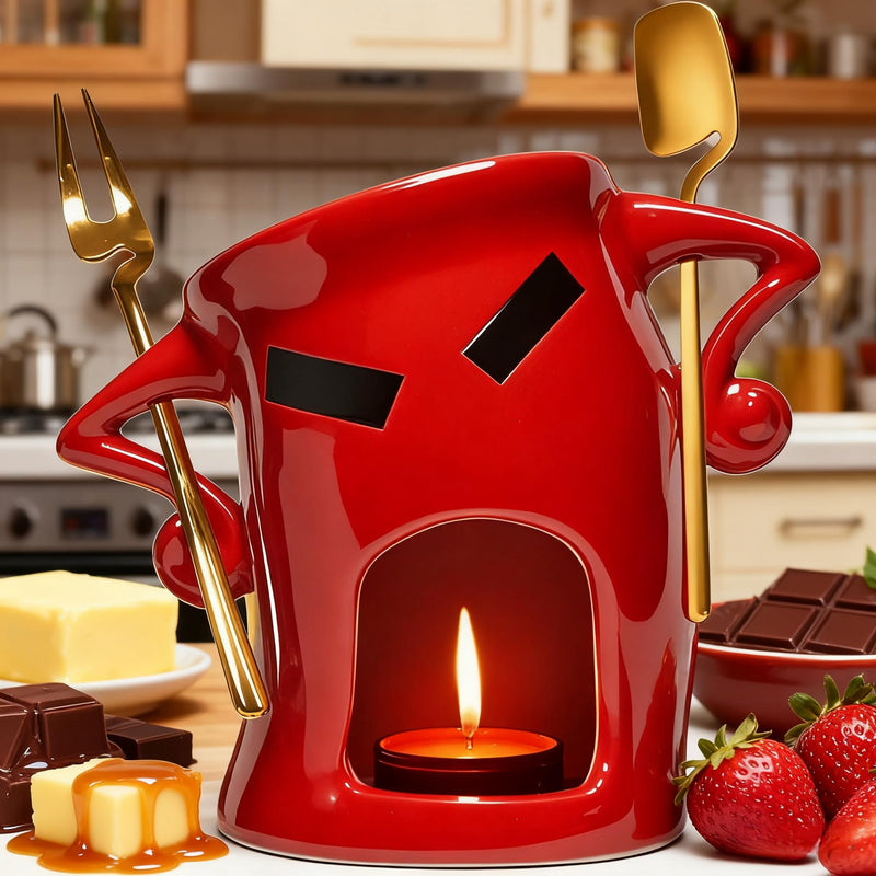 Ceramic Fondue Cup Set w/Built-In Fork & Spoon - Mini Chocolate/Cheese Fondue Mug | Microwave & Dishwasher Safe | Compact Gift-Ready (Red) Red