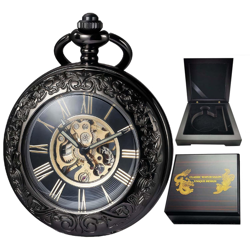 Mechanical Pocket Watch, for Men Women Special Magnifier Half Hunter Engraved Case Roman Numerals with Chain Af. Black Black + Wooden Box