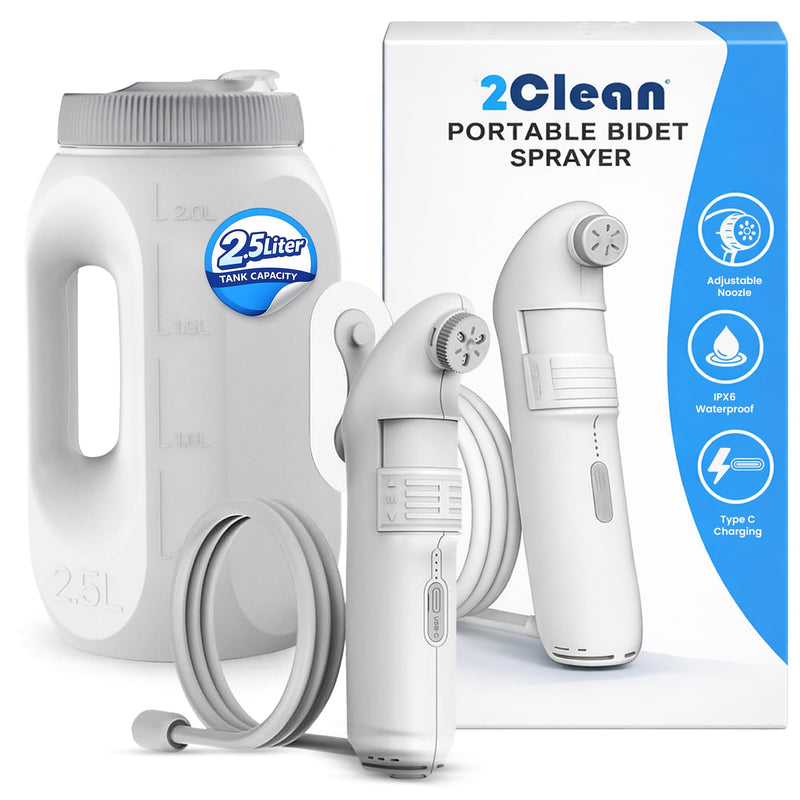 2Clean Portable Bidet - Travel & Home Use High Pressure Sprayer, USB Rechargeable Hygiene Device for Toilets with 2.5L Container, Variable Intensity, Lightweight Design, Wall Bracket Included