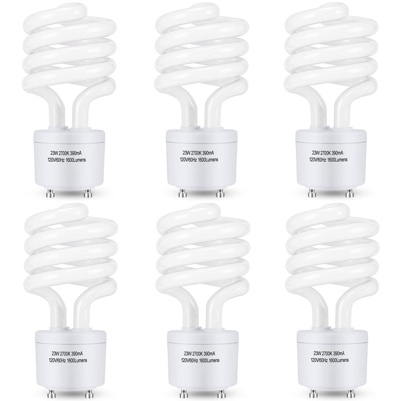 Winkcao CFL Light Bulbs GU24 Base, T3 Spiral 23Watt (100Watt Equ) Soft White 2700K 1600lm Compact Fluorescent Light Bulbs, UL Approved, 120v 60Hz, Self Ballasted CFL Bulbs, Pack of 6