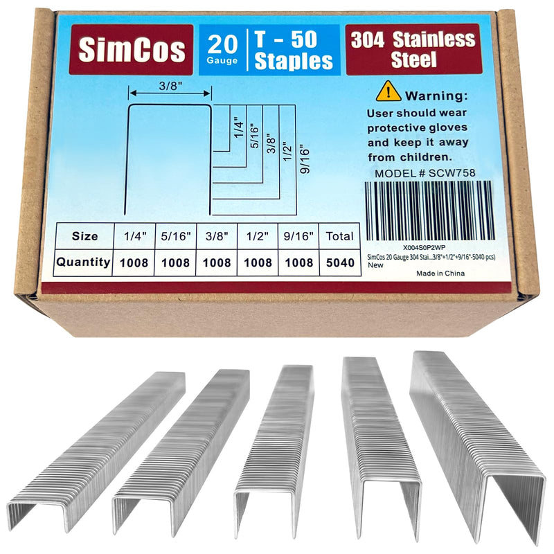 20 Gauge 304 Stainless Steel T/50 Staples - 3/8" Crown Upholstery Staples(1/4",5/16",3/8",1/2",9/16" Leg Length), 5040-Counts, Compatible with Staple Gun & T-50 Stapler 5 sizes--5040 pcs