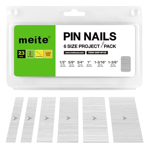 meite 23 Gauge Pin Nails, Assorted 6 Sizes (1/2", 5/8", 3/4", 1", 1-3/16", 1-3/8") Micro Headless Piner Nails - Galvanized 23GA Pins Nails for Nail Gun, Ideal for Trim Work (6,000 Counts) 6 Sizes (1/2",5/8“,3/4”,1",1-3/16",1-3/8")