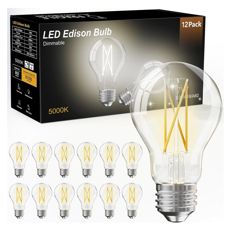dalattin 12 Pack A19 Vintage LED Edison Bulbs, Dimmable, 60W Equivalent, High Brightness 5000K Daylight, Ultra-Bright, 8W E26 Standard Base, 800 Lumens, CRI80+, Clear Glass Filament Bulb for Home Daylight White 5000k
