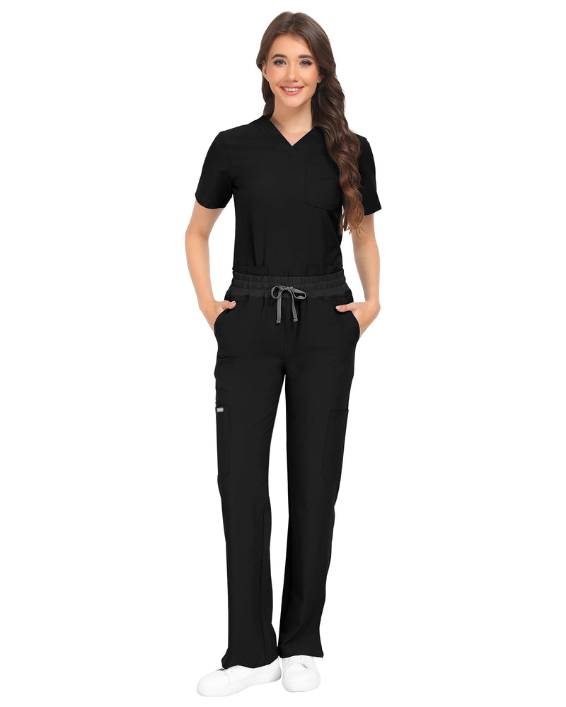 COMENII Scrubs for Women Set, V-Neck Top & Straight Leg Pants with 11 Pockets, Stretch Comfortable Womens Scrub Sets Regular 30" Medium Black