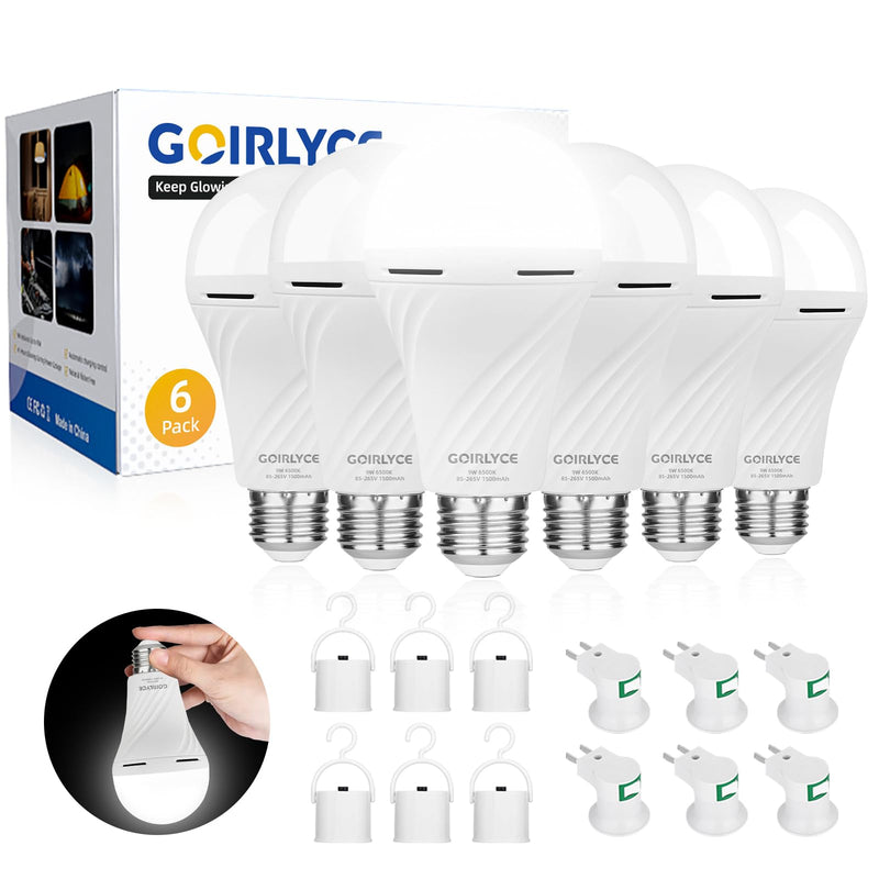 6 Pack Rechargeable Emergency Light Bulbs, Battery Powered LED Light Bulb with Daylight 9W E26 6500K 1500mAh for Home Power Outage Hurricane Blizzard Hiking Camping 6-pack Cool White