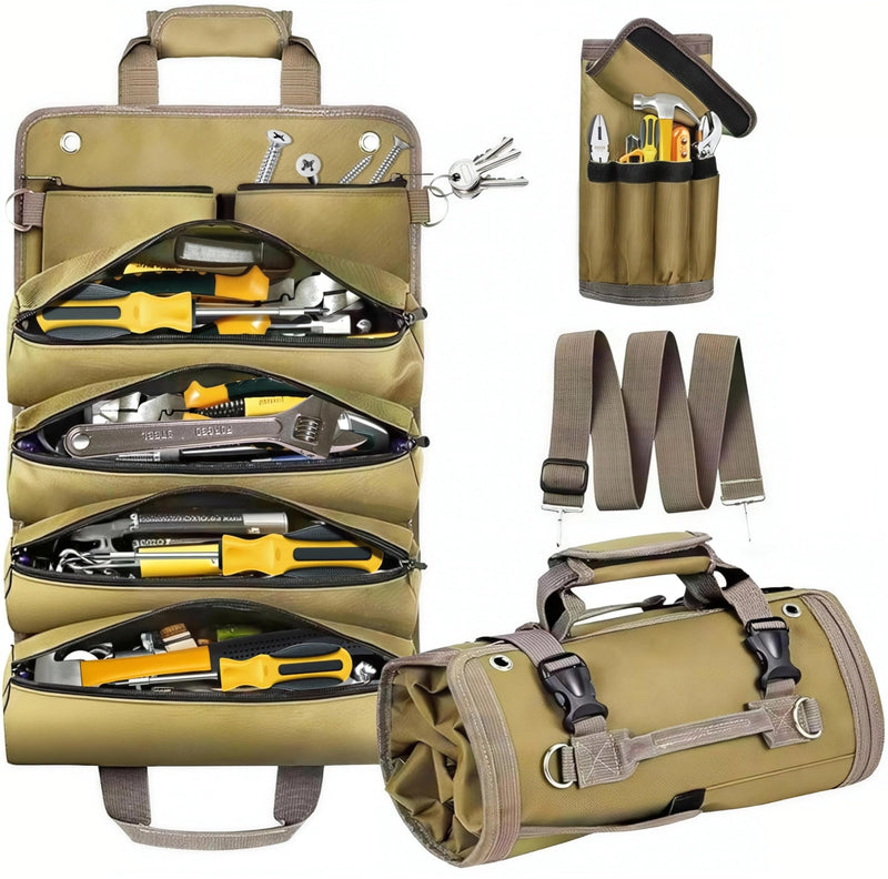 Tool Bag Roll Up Portable Tool Roll Organizer-Gifts Dad Roll-Up Tool Bag Pockets for Wrenches, Sockets & Hand Tools for Mechanics & Electricians Handyman Khaki