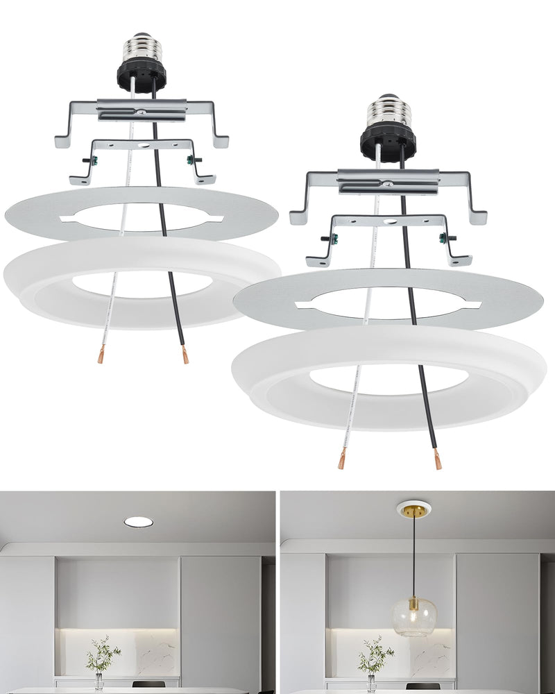 Luvkczc 2-Pack Recessed Can Light Conversion Kit for 5" and 6" Ceiling Fixtures - Pendant/Hanging Light Upgrade, Includes E26 Socket, Mounting Bracket, Round Ceiling Plate（White） White 2pcs