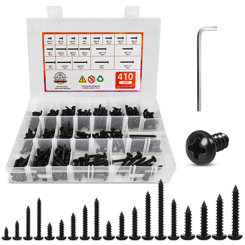 410 PSC Stainless Steel Black Screw Assortment Kit - #4#6#8#10 Phillips Pan Head, Self-Tapping for Wood & Metal 410PCS Black