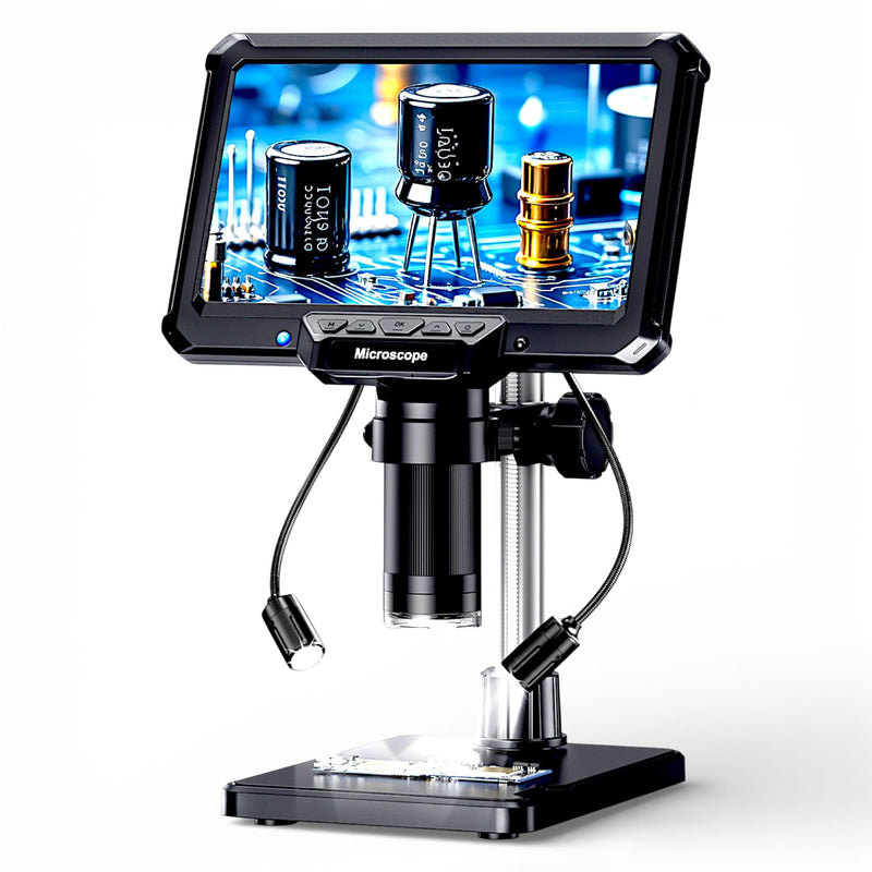 7" LCD Digital Soldering Microscope with Remote and Side Lights | For soldering and PCB inspection. 7" screen, remote and 2 side lights help reduce shake and shadows.