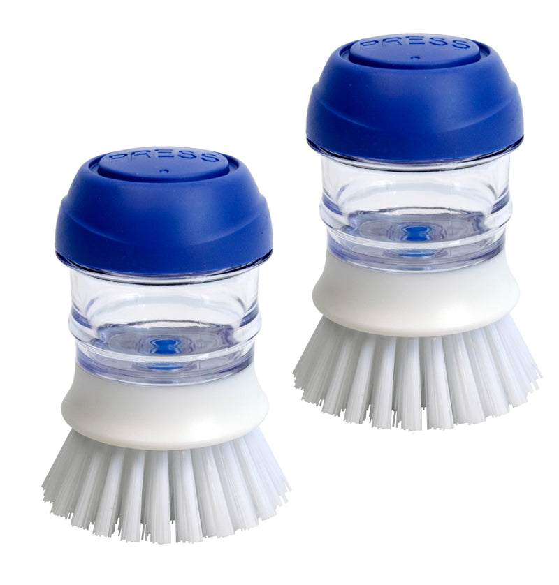 CELOX 2 Pack Dish Brush with Soap Dispenser for Kitchen Cleaning, Kitchen Brush for Dish Pot Pan Sink Cleaning White and Blue Brush