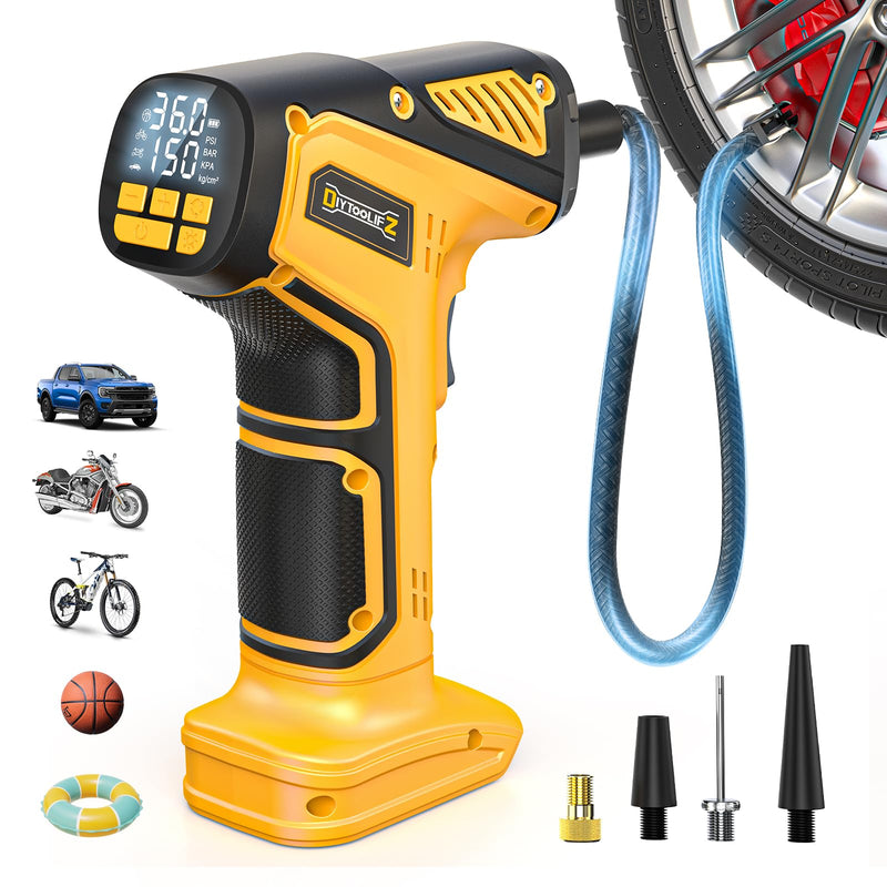 Cordless Tire Inflator Air Compressor Compatible with Dewalt 20V Battery (Tool Only), 150 PSI Portable Car Air Pump with Digital Pressure Gauge, Automatic Shut Off, LED Light Yellow- Compatible With Dewalt 20v