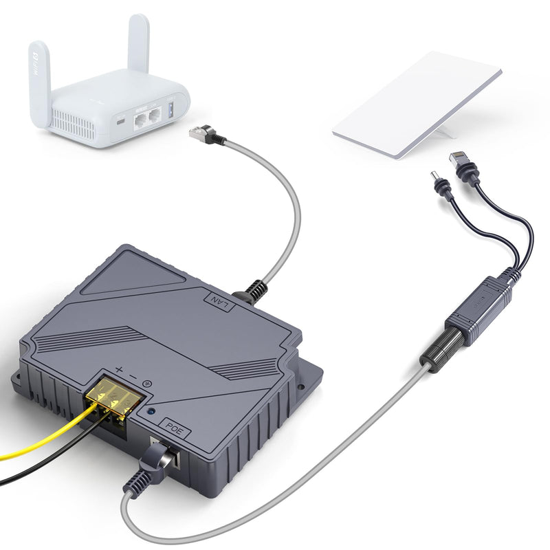 XLTTYWL Starlink Mini Poe Injector, 150W 2 in 1 GigE Passive & ESD Protection Star Link 12v Conversion Kit with StarLink DC&RJ45 Adapter Splitter DC 9-36V/150W for Starlink Mini Dishy 2 in 1 Starlink Mini Poe
