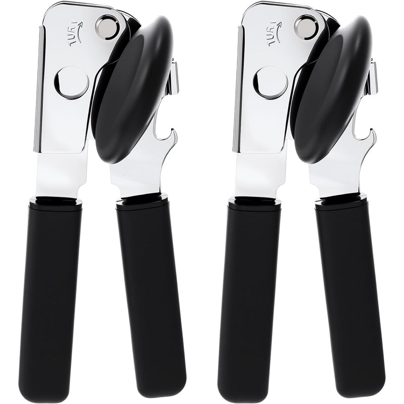 2 Pack Manual Can Opener with Magnet, Smooth Edge Handheld Can Opener for Seniors with Sharp Blade and Grip Handle, Heavy Duty Tin Bottle Cutter for Kitchen Camping, Black