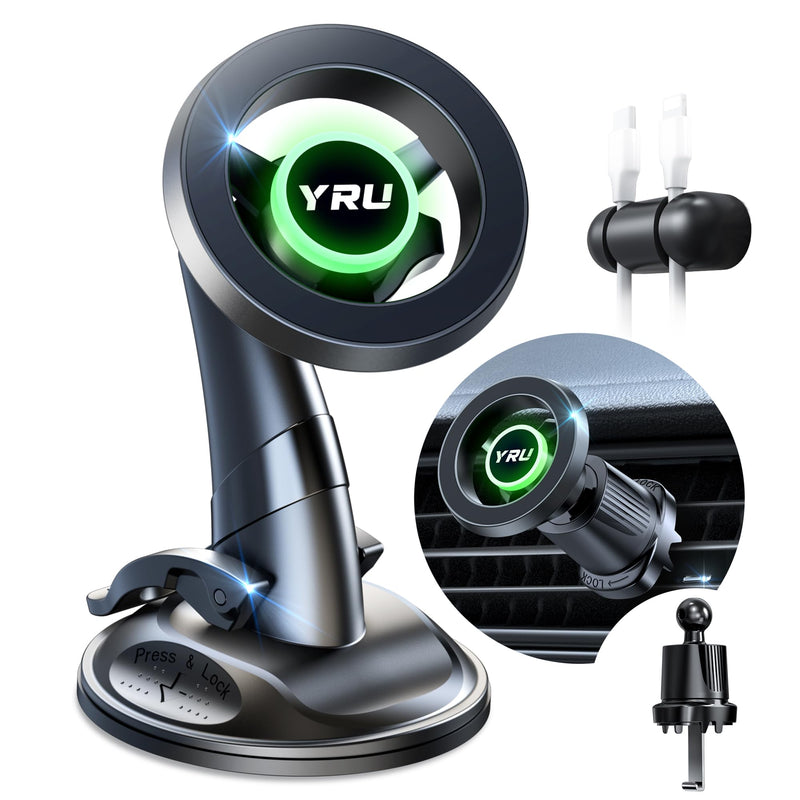 YRU [Truely Upgrade & Patent] Car Phone Holder for Magsafe [98+LBS Strongest Suction & Enhanced Magnetic] Dashboard Car Mount Windshield Vent Phone Stand for iPhone 17/16/15/14/13/12 Pro Max, Black