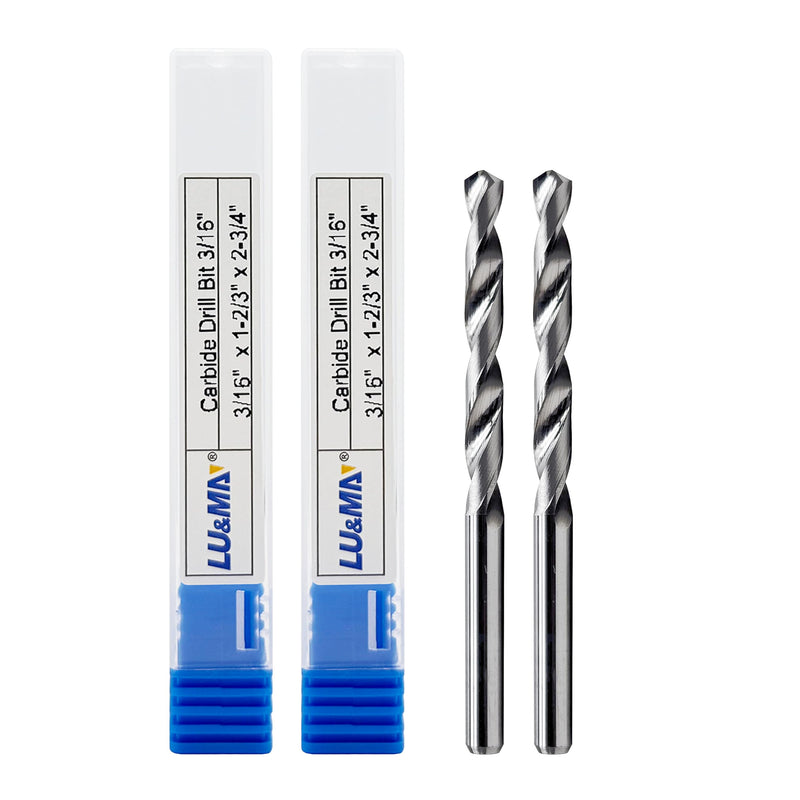 LU&MN Solid Carbide Jobber Drill Bit with Bright Finish-118° Split Point for Industrial Use on Cast Iron, Stainless Steel, Aluminum, etc.-3/16" Dia, 2 Pcs 3/16 in