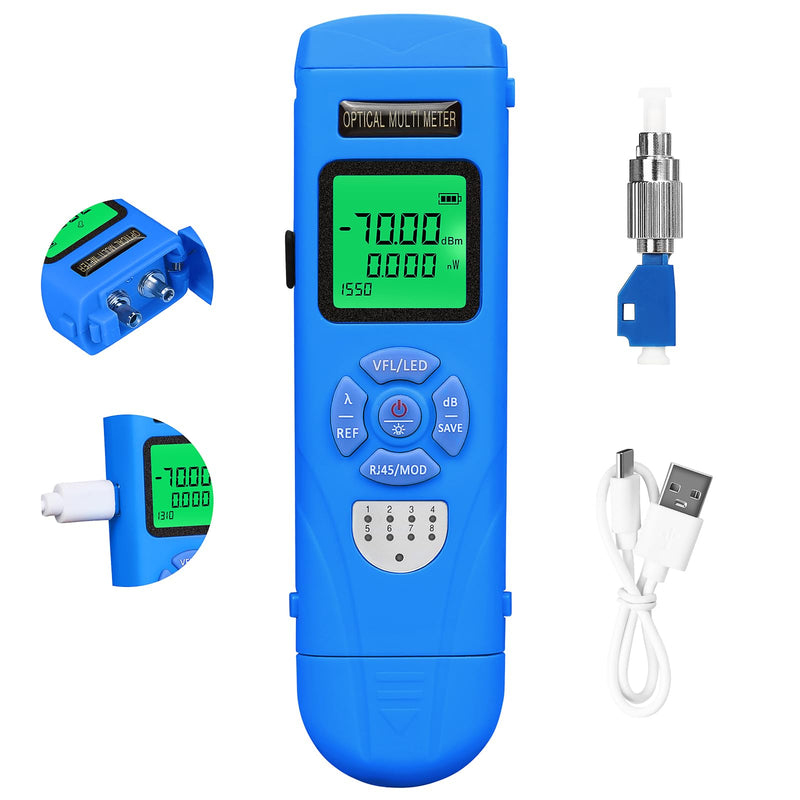 Rechargeable Fiber Optic Power Meter L-C70 (-70 - +10 dBm) Mini Fiber Optic Cable Tester SC/FC/ST 2.5mm Universal Interface, Integrated OPM VFL LED RJ45 Functions, with 1 FC-LC Adapter (OPM-VFL-50) OPM with VFL 50KM