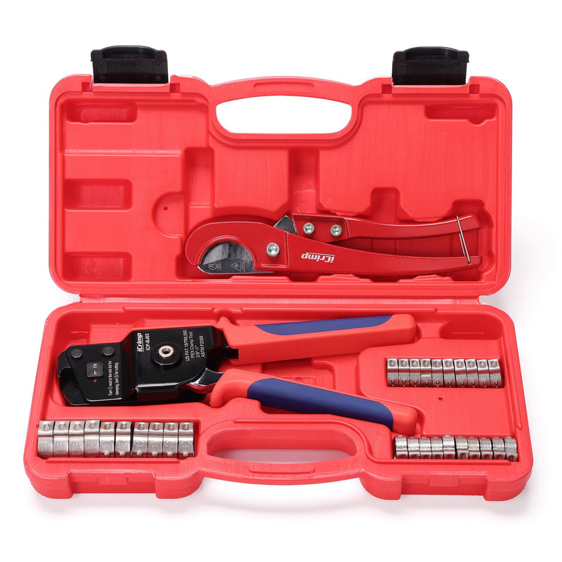 iCrimp One-Hand PEX Pipe Cinch Tool Kit, PEX Crimping Tool with Removing Function for 3/8-1 inch Clamp Rings, with 20PCS 1/2-in, 10PCS 3/4-in PEX Clamps and Pipe Cutter Auto Release Cinch & Remove Kit
