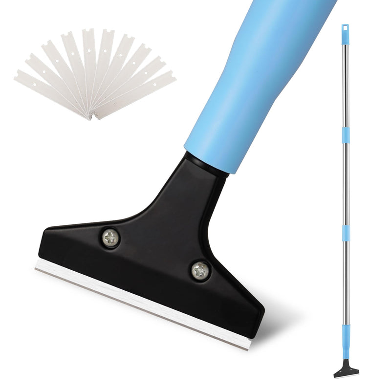 Silver Floor Scraper with 10 Replacement Blades - 4" Razor Blade, Stainless Steel Adjustable Long Handle (37" to 51"), Heavy-Duty Scraper Tool for Cleaning Stove Tops, Glass, Tiles, Walls & Labels