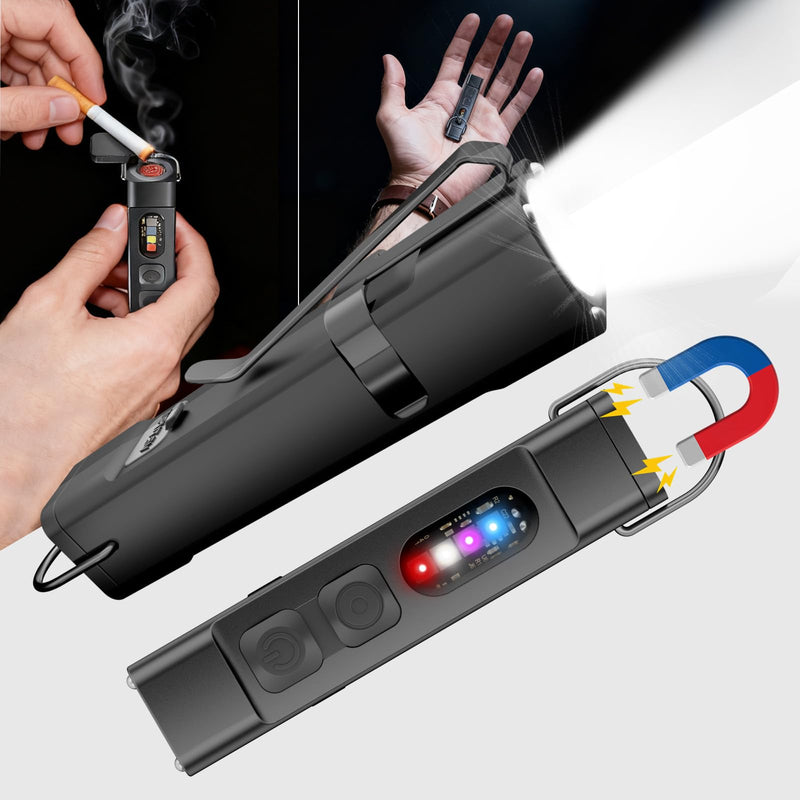  [AUSTRALIA] - SKYFIRE 2Pack Rechargeable EDC Flashlight with Electric Lighter,Clip and Magnetic Base,Mini Flash Lights with UV Red and White LED Light Portable Pocket Light for Outdoors Indoor Emergency Working