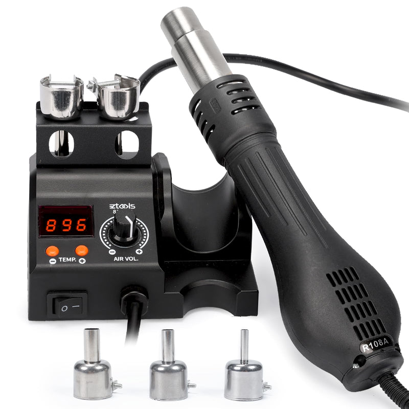 8858-V Compact Entry-Level Hot Air Rework Station Iron Kit with Integrated Design, 3 Hot Air Nozzles, PID Temp Control, Adjustable Temp & Air Volume, °C/°F Conversion, Auto Stand-by Mode
