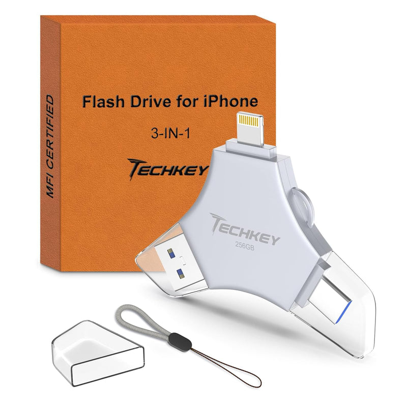USB 3.0 Flash Drive for iPhone 256GB: MFi Certified 3in1 External Memory Photo Keeper Storage Stick for Picture/Video/Data Saver/Backup High Speed Thumb/Jump/Hard Drive for iPad/Android/PC -Grey 256 GB Grey