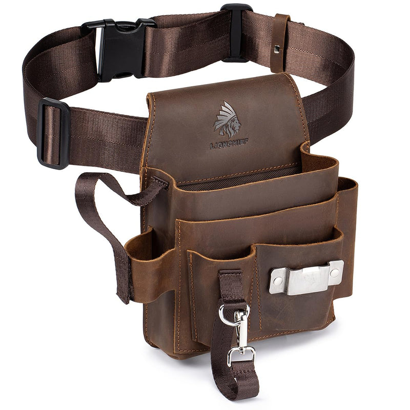 Genuine Leather Electrician Tool Pouch and Belt, Adjustable Leather Tool Belt with Multi-Pockets for Electricians, Brown Small