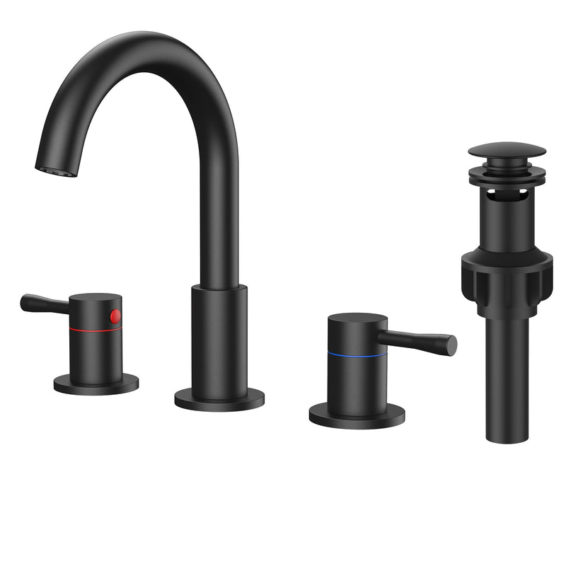 FORIOUS Black Bathroom Faucet 3 Hole, 360° Swivel 8 Inch Widespread Bathroom Sink Faucet and Pop Up Drain 2 Handle Faucets for Sink, Vanity, RV, Lavatory, Farmhouse Matte Black