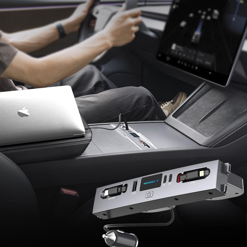 125W Max Retractable USB Hub, Tesla New Model Y Juniper (2026/2025) Accessories, Super Fast Charger Up 65W for MacBook Pro/Air/iPhone 16/15/Samsung Series, 5 in 1 Docking Station Tesla New Model Y Juniper (2026/2025)