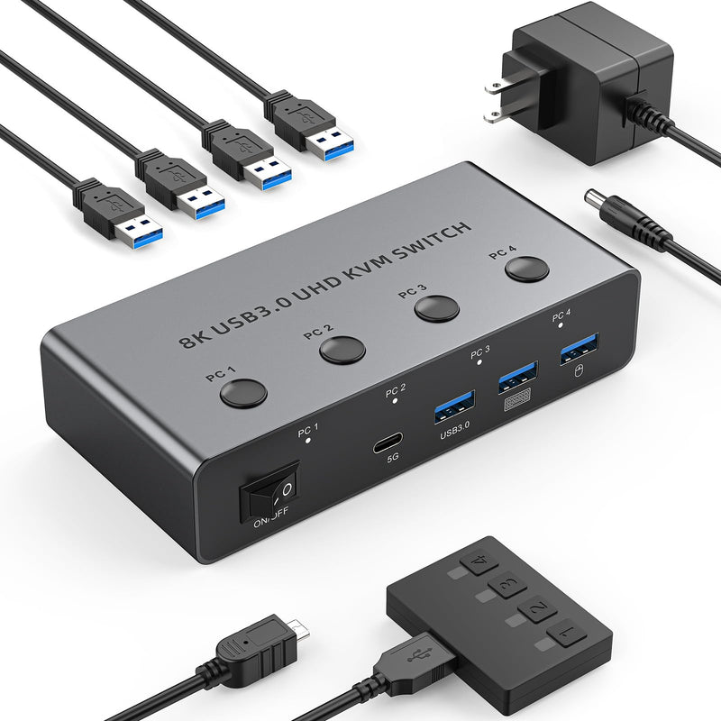 5G USB3.0 KVM Switch HDMI 8K@60Hz 4K@144Hz for 4 Computers Share 1 Monitor, KVM Switch 4 Port with 3 USB 3.0 and 1 USB-C Ports Share Keyboard Mouse 8K HDMI 4 PC 1 Monitor
