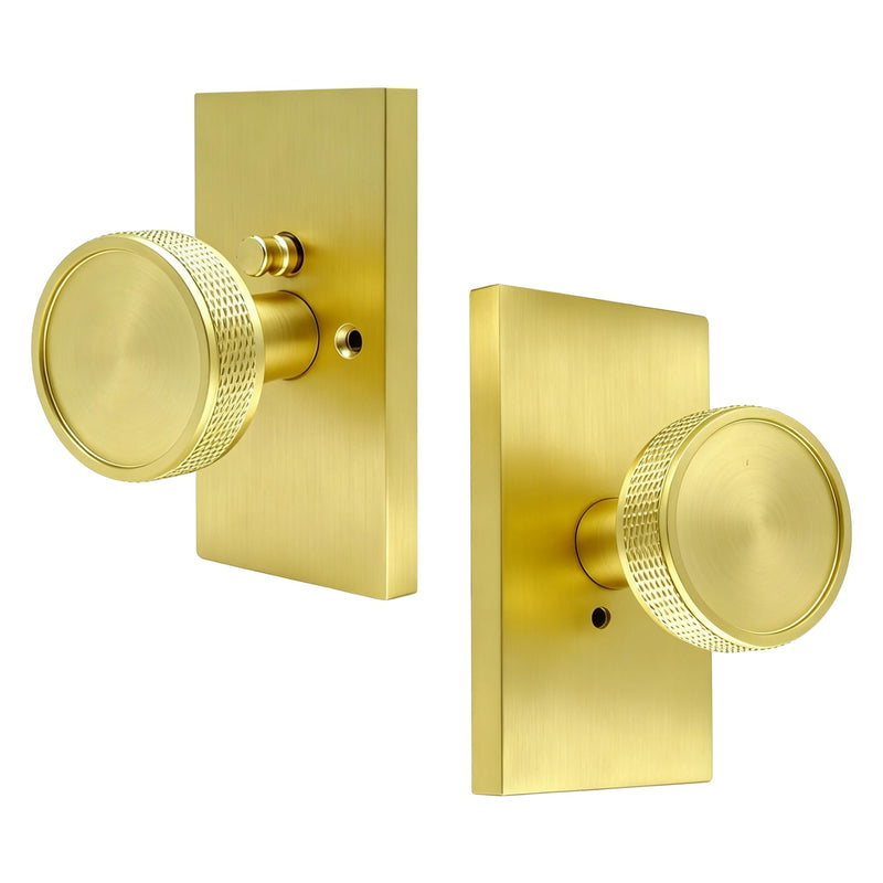 Satin Gold Door Knob for Bedroom and Bathroom Indoor Door Knobs with Lock | Solid Zinc Alloy Knurled Door Knob, Heavy Duty Door Handle with Large Backplate, Interior Modern Door Knobs Satin Gold 1