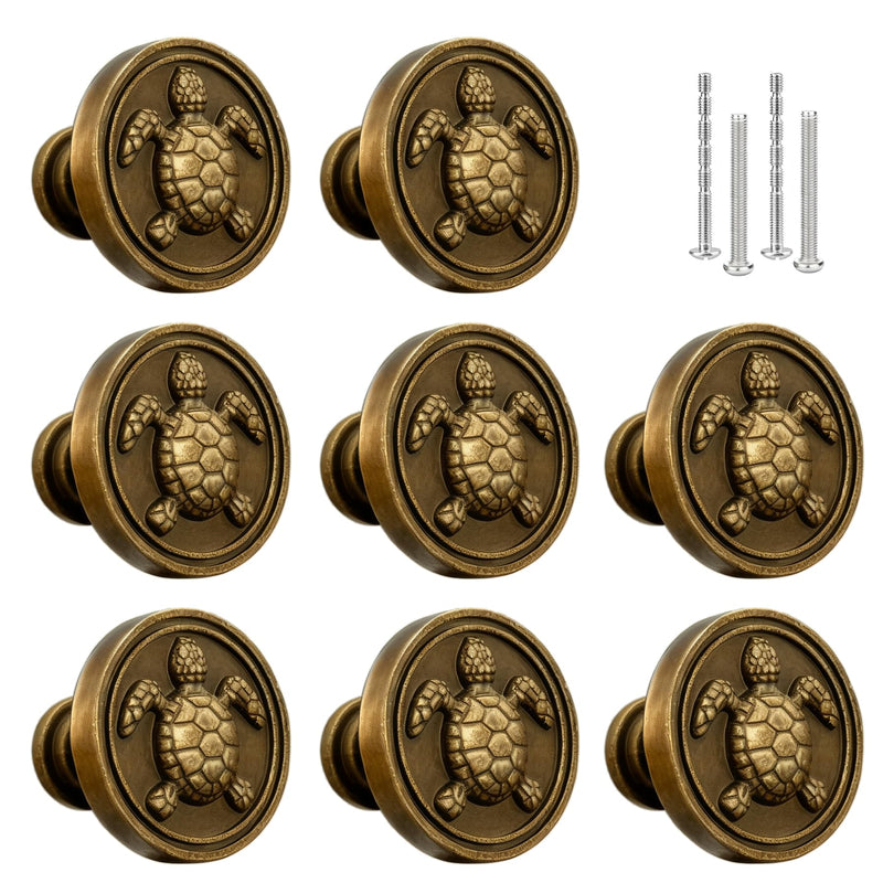 Antique Brass Turtle Cabinet Knobs(Set of 8), Nautical Drawer Pulls Vintage Round Dresser Knobs Coastal Ocean Animal Theme Cabinet Pulls Used for Kitchen/Cupboard/Bathroom/Hardware Antique Brass