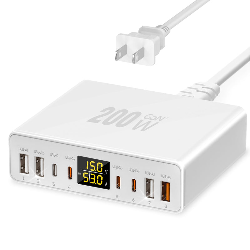 200W USB C Charger 8-Port with LED Display USB Charging Station | GaN Multiport Fast Charger Block PD QC 3.0 PPS USBC Charging Hub Compatible with iPhone Samsung Mac Laptop Pad, Matte White