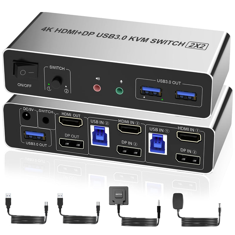 Dual Monitor HDMI Displayport KVM Switch 2 Monitors 2 Computers 4K 60Hz USB3.0 KVM Switcher HDMI+DP 3 USB Ports KVM Switcher for 2 PC Sharing Keyboard Mouse Printer Mic and Audio Output HDMI+DP KVM Switch 2 Monitors 2 Computers