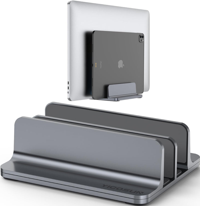 Dual-Slot Aluminum Vertical Laptop Stand for Desk - Adjustable Width Dock for MacBook, Surface, Samsung, HP, Dell up to 17.3 inches - Space-Saving & Protective Design - Gray 2-Slot