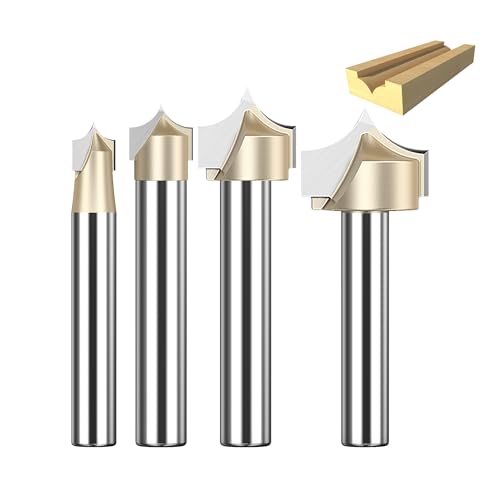 HUHAO 4Pcs Groove Point Cutting Roundover Router Bit Set, 1/4" Shank