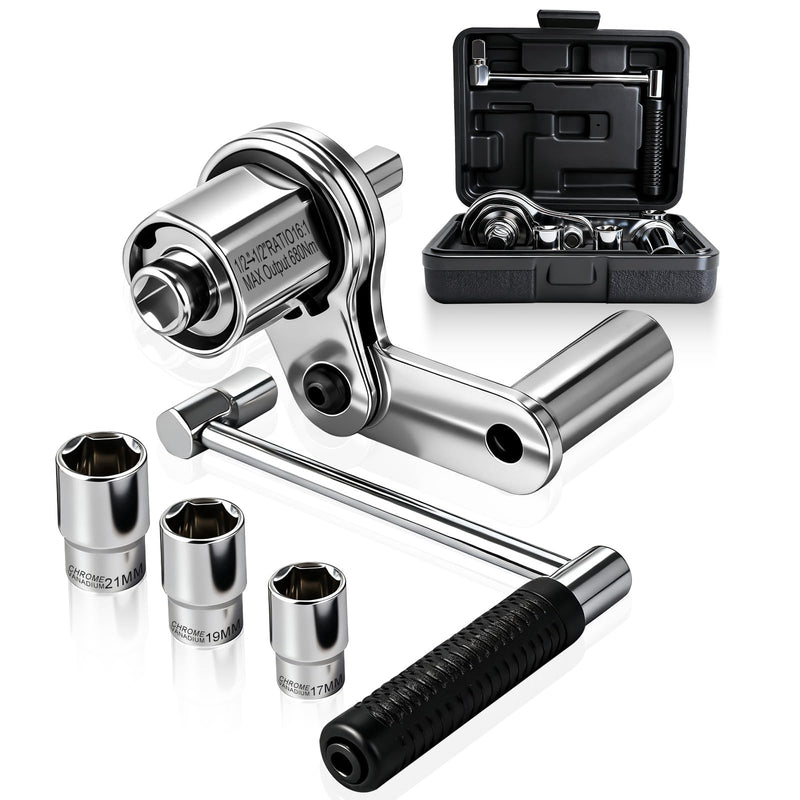 Torque Multiplier Wrench 1:16, Heavy Duty Lug Nut Remover Tool Set with 17mm 19mm 21mm Sockets, 1/2" Drive Labor Saving Tire Removal Tool for Tire Repair