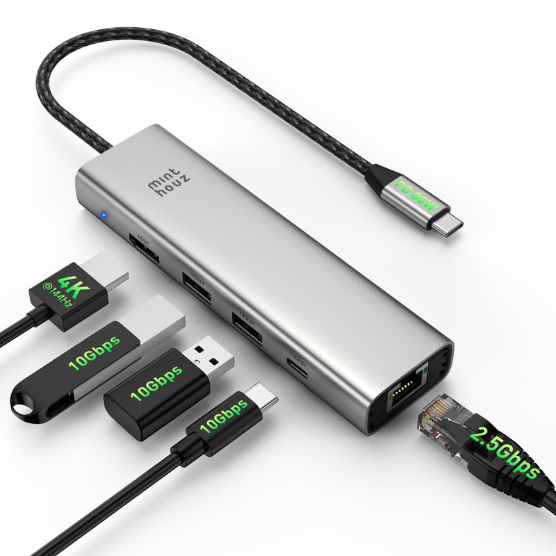 Minthouz USB C Hub, 6 in 1 Laptop Docking Station, Multiport Adapter with HDMI 4K@144Hz, 2500Mbps LAN, 10Gbps USB-A/C Ports, PD 100W Charging, Compatible with Surface, M1, M2, M3, HP, Lenovo MT-UHP3418 Pro