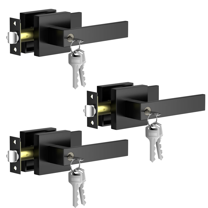Keyed Alike Door Handles 3 Pack(Same Keys), Matte Black Door Handle with Lock, Zinc Alloy Black Exterior Door Handle, Door Handles Interior for Bedrooms, Heavy Duty2lbs,Reversible for L/R