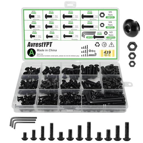 439PCS Metric Bolt and Nut Assortment Kit - M3 M4 M5 Machine Screws with Lock & Flat Washers, Grade 10.9 Alloy Steel Hex Socket Button Head Silver Screw Set for Hardware, 3D Printer, and DIY Projects Black Size: 439Pcs
