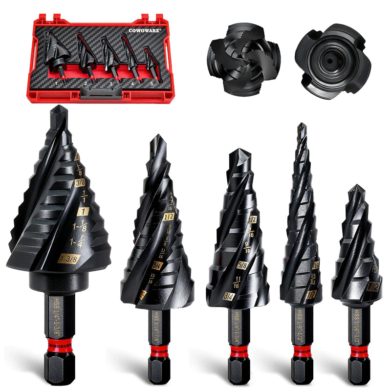 COMOWARE Step Drill Bit Set, 1/8~1-3/8" 5Pcs Four Spiral Flute Step Drill Bits for Metal, AITIN Coated Step Bit with 1/4" Hex Shank for Metal, Stainless Steel, Aluminum, Wood, Plastic
