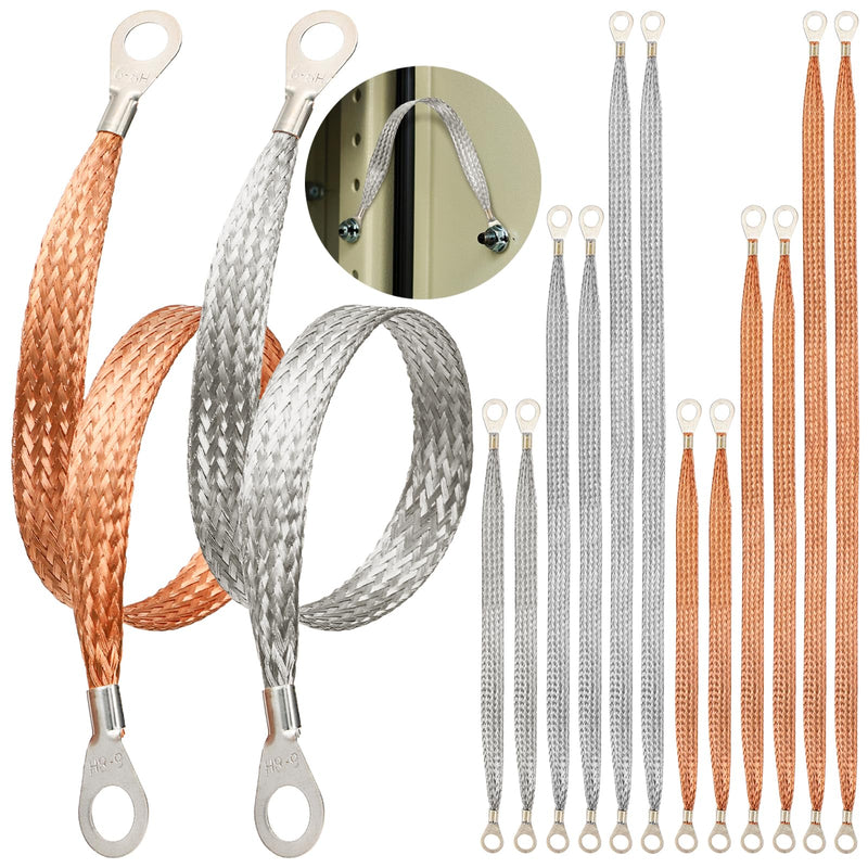 TOPZEA 12 Pcs Universal Automotive Ground Strap, 10/15/20 Inch Braided Copper & Tinned Copper Engine Ground Strap Kit, Automotive Grounding Cable Straps with Terminal Rings for Most Car, Truck, RV