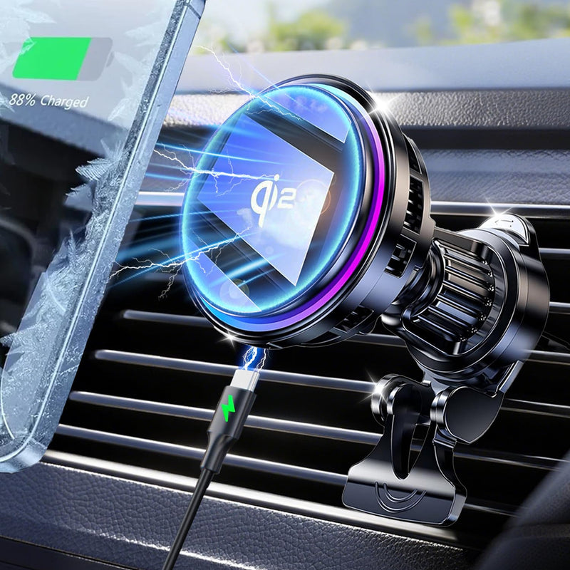 for Qi2 15W MagSafe Car Mount Charger RGB Light, Ice Cooling Magnetic Wireless Car Charger Phone Holder, Air Vent Fast Charging for iPhone 17 16 15 14 13 12 Pro Max Air, Galaxy S25, Car Accessories With Qi2 Cooling Charging