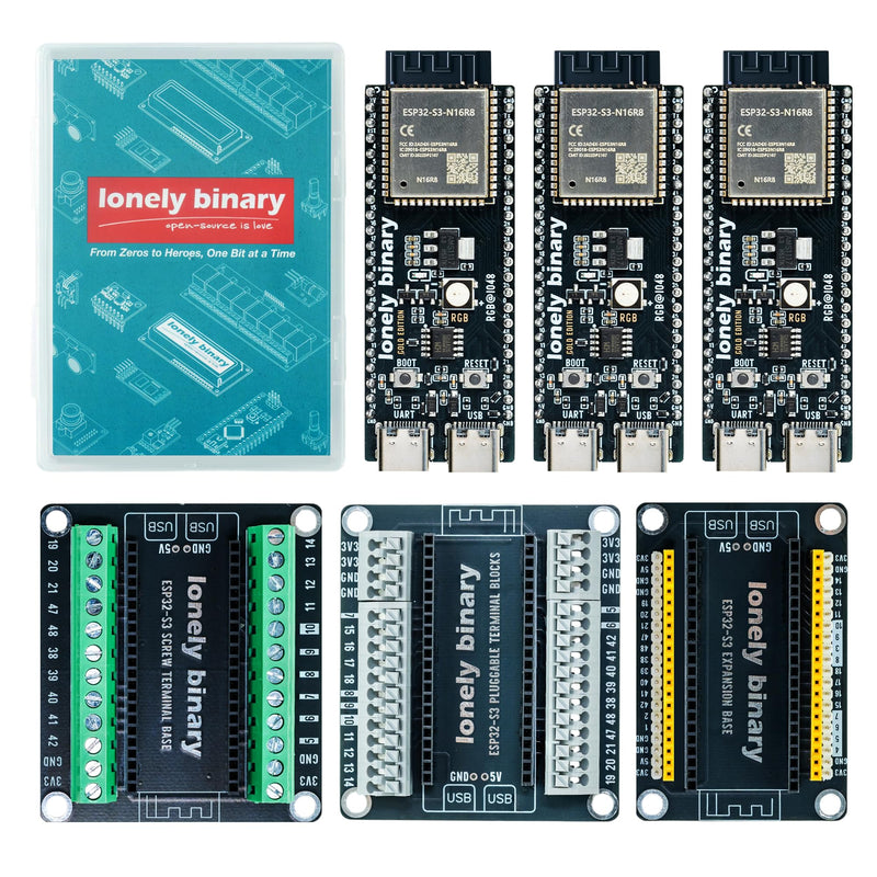 3-Pack ESP32-S3 N16R8 Gold Edition Kit with 16MB Flash, 8MB PSRAM, Expansion Boards, Terminals, Data Cable & Tutorials - Lead-Free Gold Finish Compatible with Arduino IDE & MicroPython 3-Pack All-Terminals Gold Kit